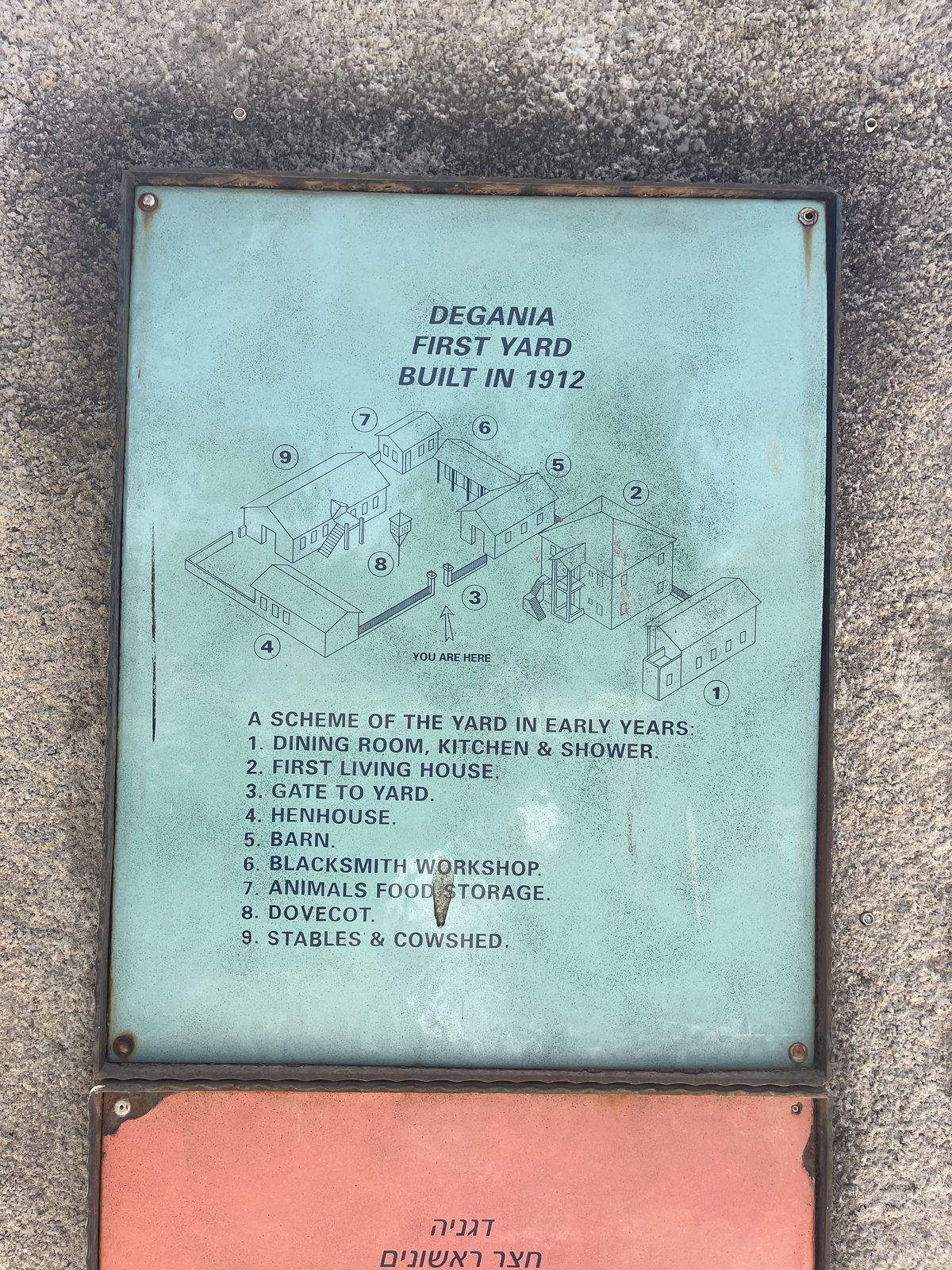 Plaque reading Degania First Yard Built in 1912, with a numbered plan of the early courtyard.